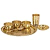 Indian Art Villa Pure Brass 7 Pieces Dinner Set/Thali Set of 1 Plate, 1 Glass, 1 Spoon, 1 Small Plate & 3 Bowls, Color- Gold, Dinnerware, Tableware Or Crockery