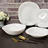 EZ Life - Virtuoso Opal Dinner Set - 19 Pieces- Side Plates-Square & Serving Bowls-White & Gold Lining - Dinnerware,Glass Dinner Plates & Bowls,Crockery Set for Dining,Opal Glass Dinner Plates & Bowls