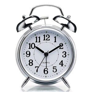 Sendrose Alarm Clock Brass Vintage Twin Bell Table Top Alarm Clock with Night Led Light Display Alarm Clock for Bedroom Heavy Sleepers Kids and Students (Silver)