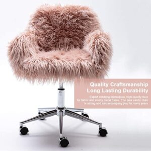 DKLGG Faux Fur Desk Chair, Cute Fluffy Upholstered Padded Seat, Vanity Accent Modern Height Adjustable Swivel Arm Decorative Furniture for Living Room/Makeup/Home Office/Teen Girls Bedroom, Pink