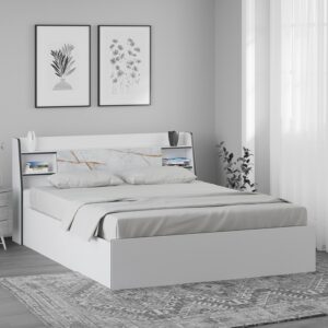 Marbito King Size Bed With Box & Headboard Storage in White Colour