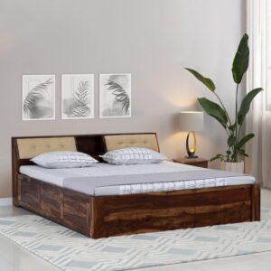 Ursula Solid Wood King Size Bed with Headboard & Box Storage in Rustic Teak Finish